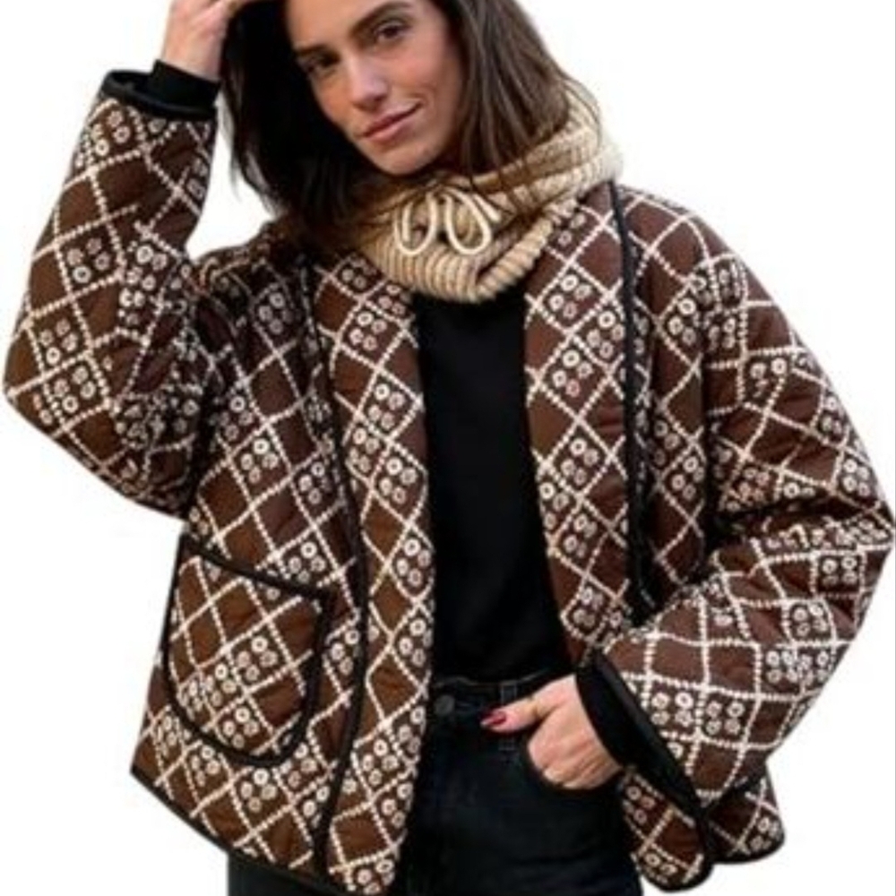 Brown and Cream Women's Quilted Jacket
